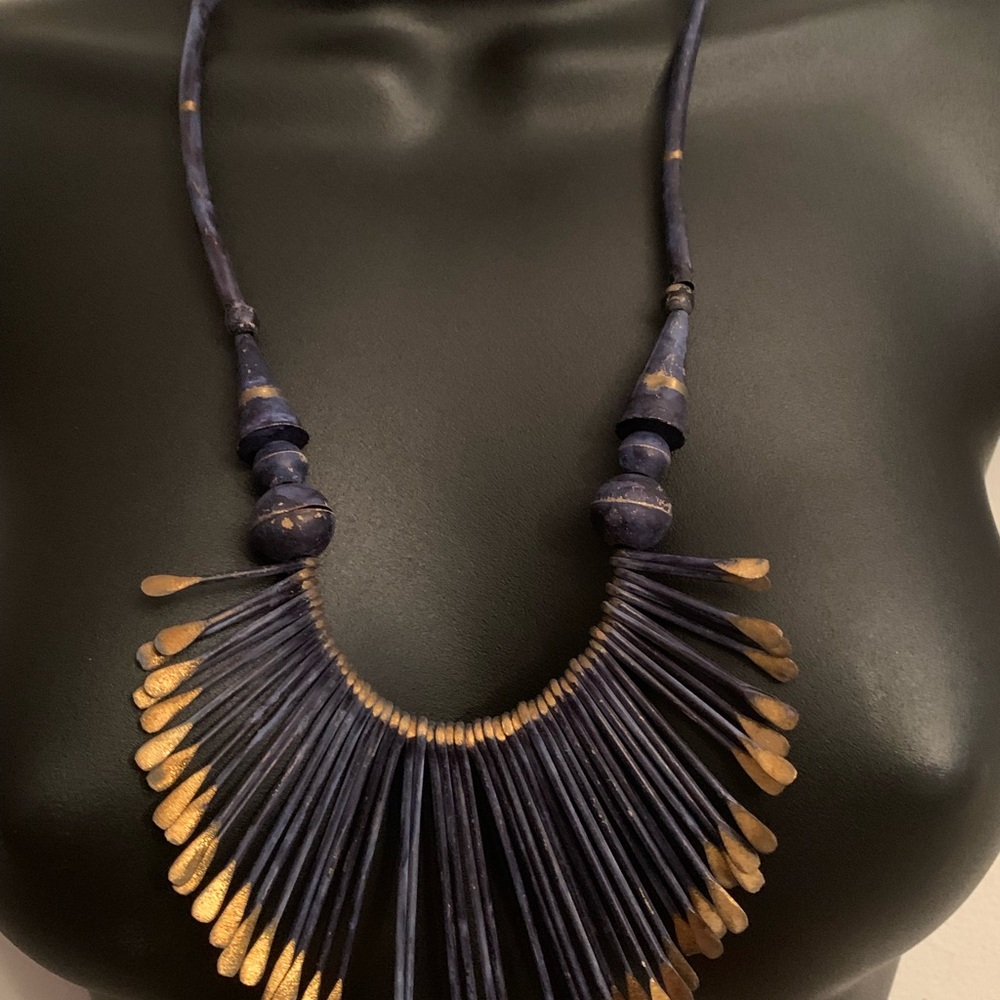 Vintage Hand Painted Brass Paddle Blue & Gold Bib Necklace